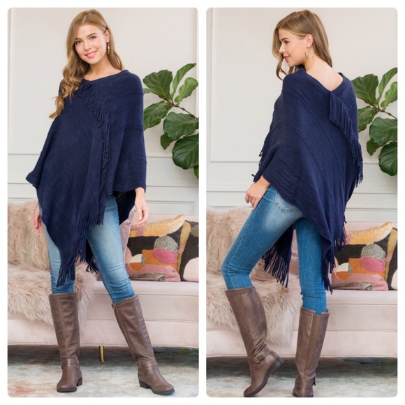 A Girl Thing Sweaters - ❤️2 for $40❤️navy soft fringe poncho